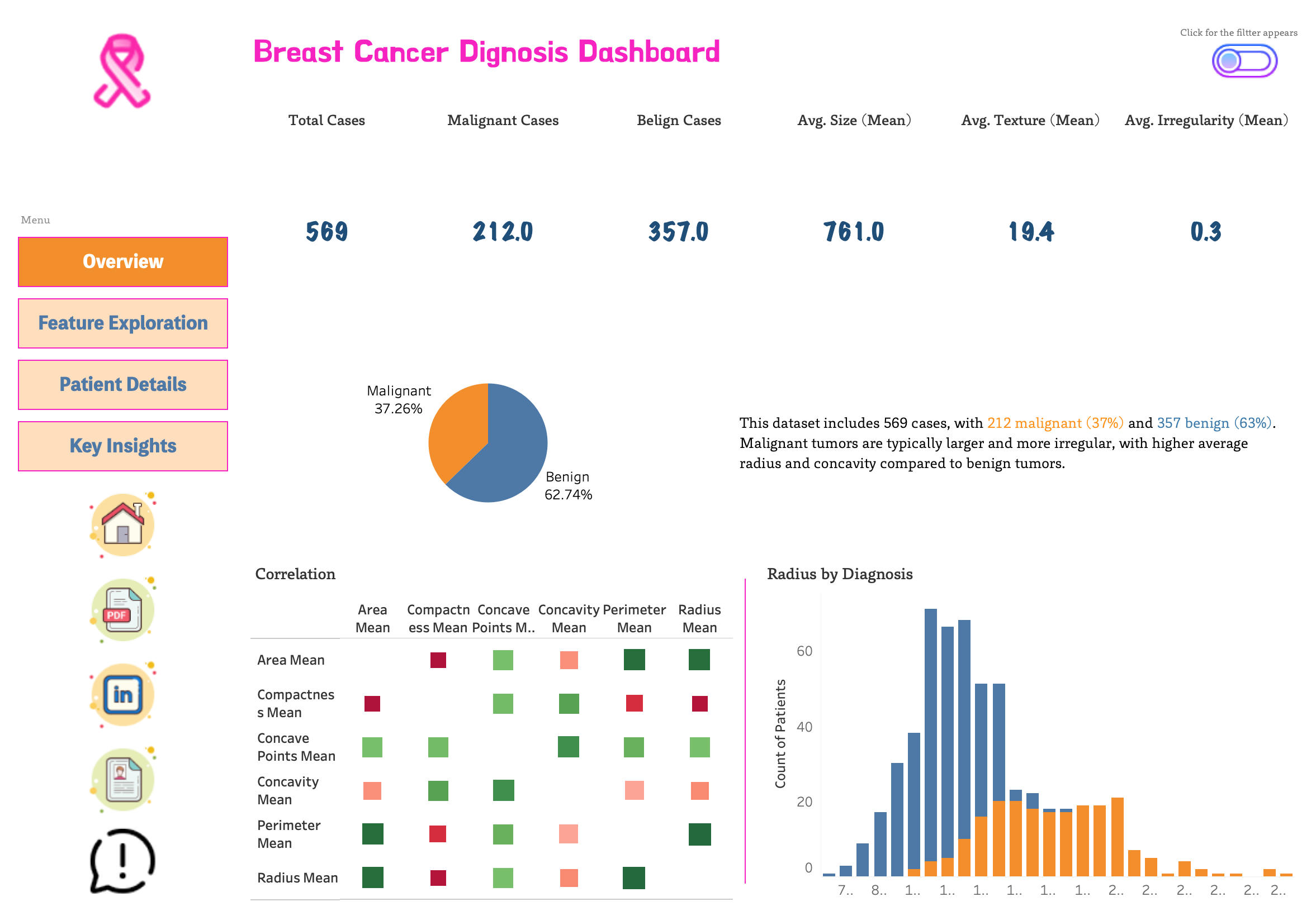 Overview dashboard (KPIs, class balance, mini correlation heatmap)