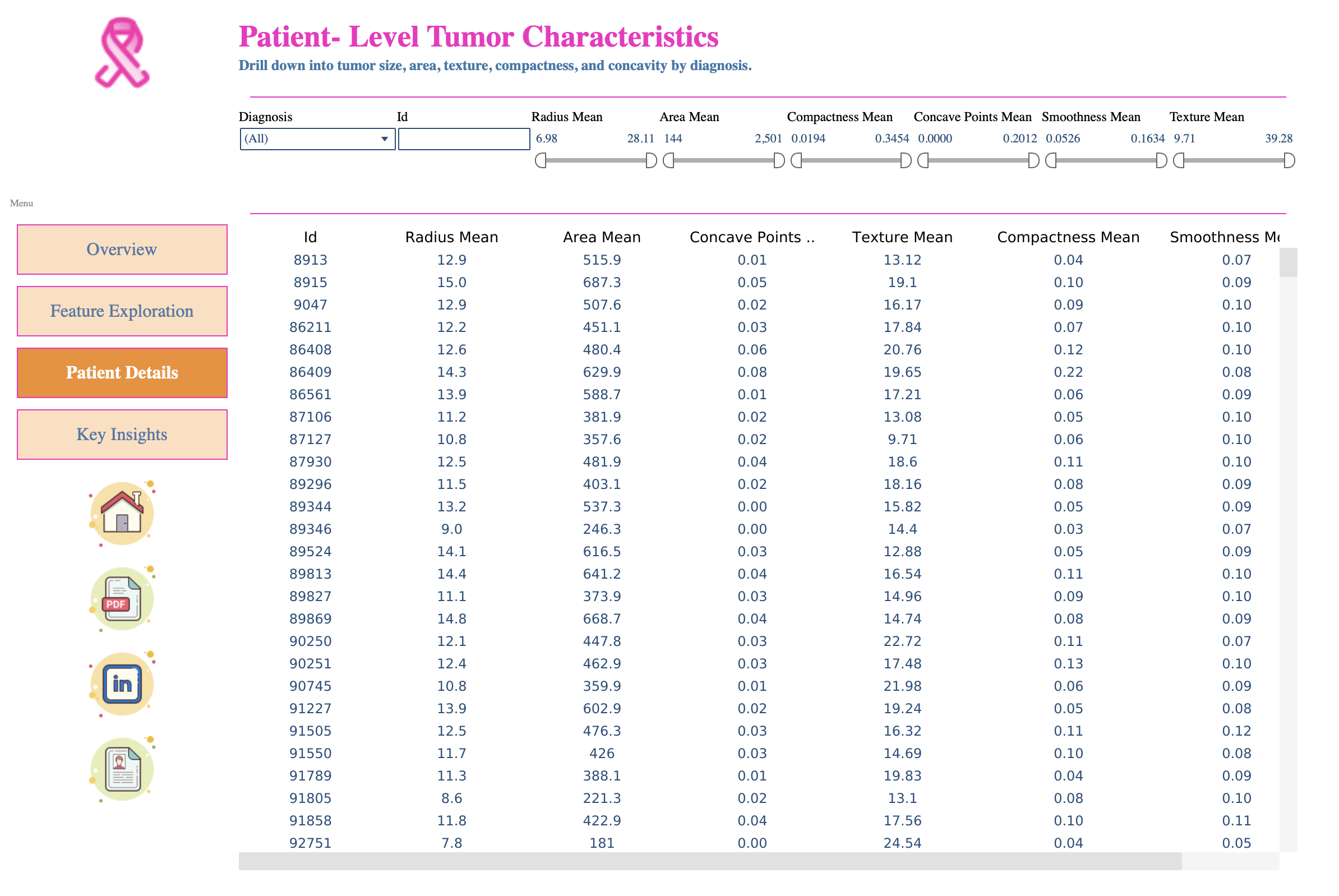 Patient-Level Tumor Characteristics table with filters